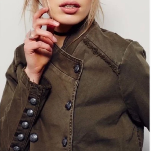 Free People olive green ruffle hem military style jacket. - Picture 2 of 4